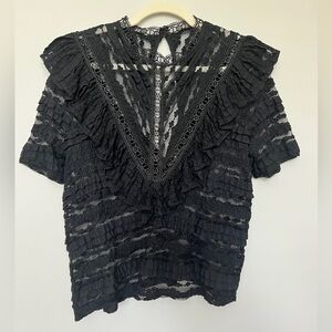 Unbranded Boho Black Dainty Delicate Lace/Embroidered Mock Neck Top - size M